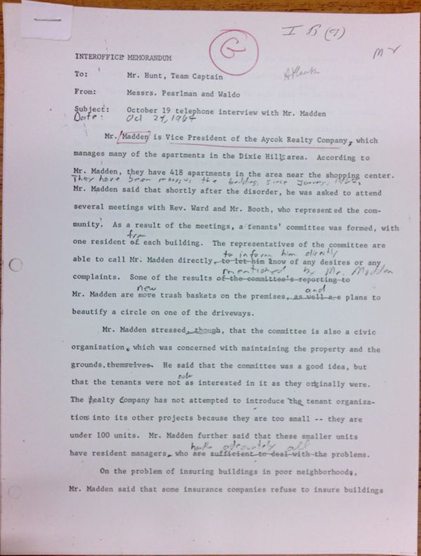 First page of Memo to Isaac Hunt from Daniel Pearlman and Everett Waldo regarding an interview with Mr. Madden - with handwritten notes
