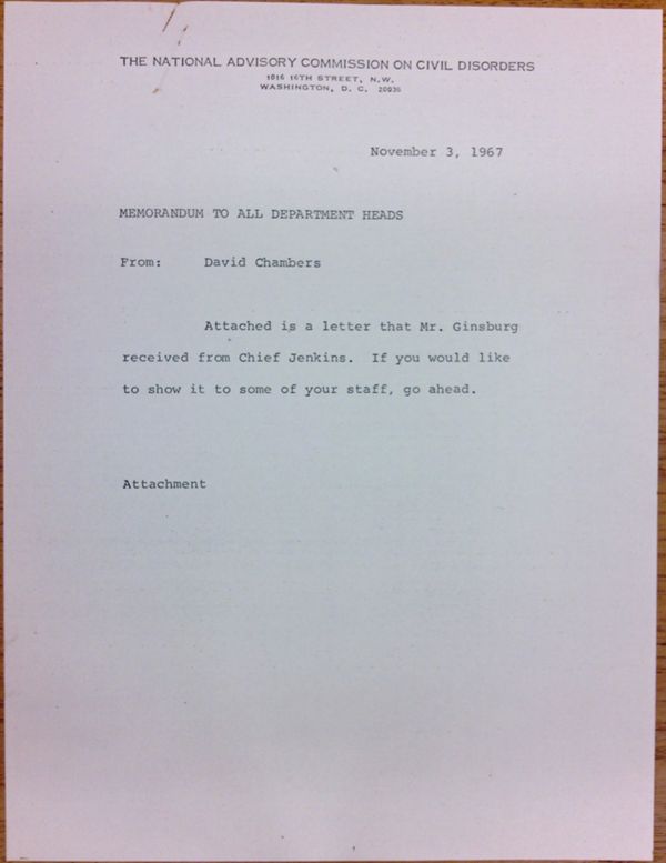 First page of Letter from Herbert Jenkins to David Ginsburg with attached memo from David Chambers