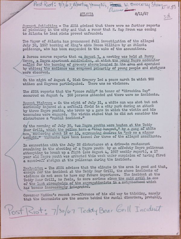 First page of Atlanta report, with handwritten notes (August 11)