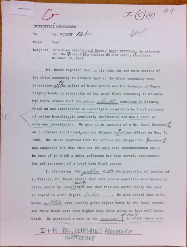 First page of Memo to Mr. Nelson from Isaac Hunt regarding an interview with Howard Moore - with handwritten notes