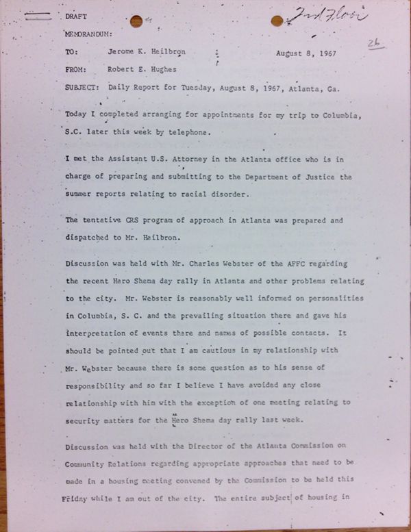 First page of Daily report memo from Robert Hughes to Jerome Heilbron (August 8)