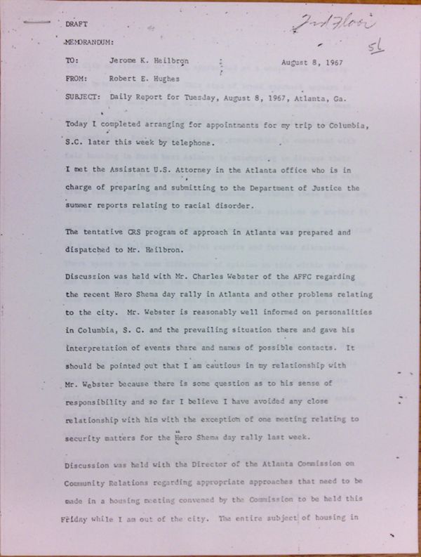 First page of Daily report memo from Robert Hughes to Jerome Heilbron (August 8)