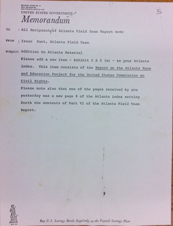 First page of Memo from Isaac Hunt, Atlanta Field Team