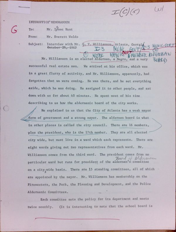 First page of Memo to Isaac Hunt from Everett Waldo regarding an interview with Q.V. Williamson - with handwritten notes