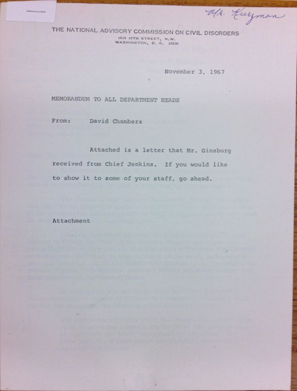 First page of Letter from Herbert Jenkins to David Ginsburg with attached memo from David Chambers