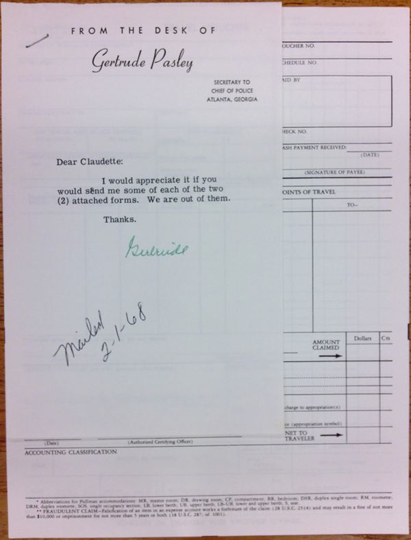 First page of Note from Gertrude Pasley, Secretary to Herbert Jenkins, attached to blank travel paperwork