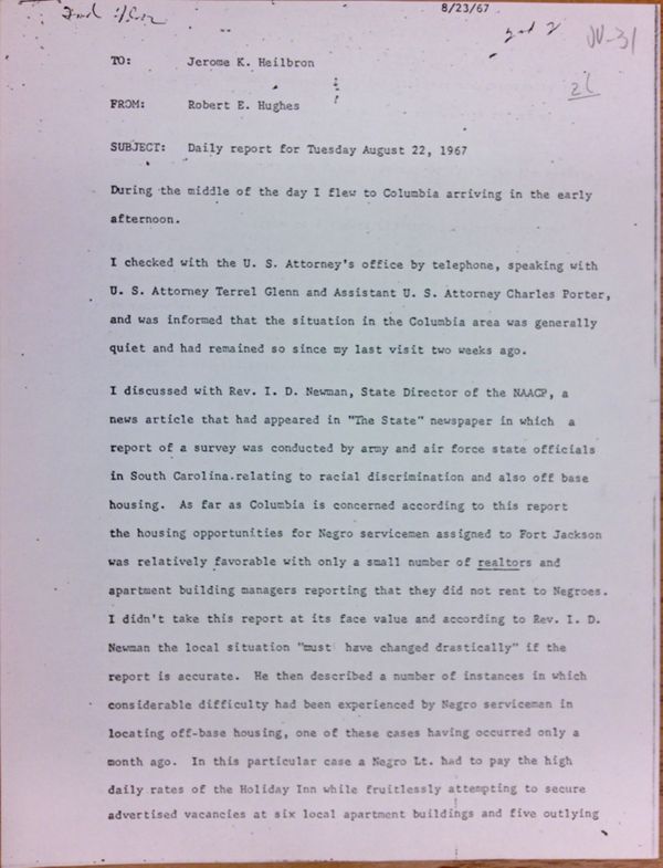 First page of Daily report memo from Robert Hughes to Jerome Heilbron (August 22)