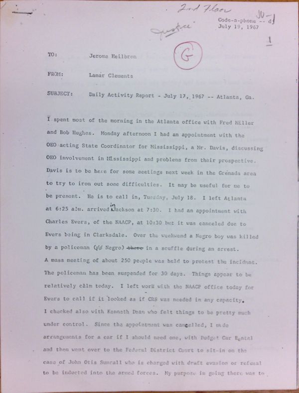 First page of Daily report memo from Lamar Clements to Jerome Heilbron (July 17) - with handwritten edits