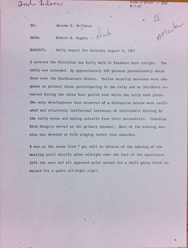 First page of Daily report memo from Robert Hughes to Jerome Heilbron (August 5)
