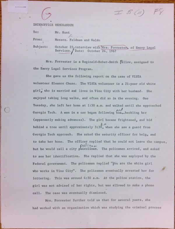 First page of Memo to Isaac Hunt from Feldman and Waldo regarding an interview with Mrs. Forrester - with handwritten notes