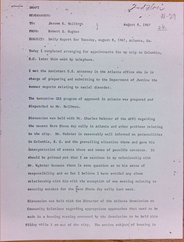 First page of Daily report memo from Robert Hughes to Jerome Heilbron (August 8)