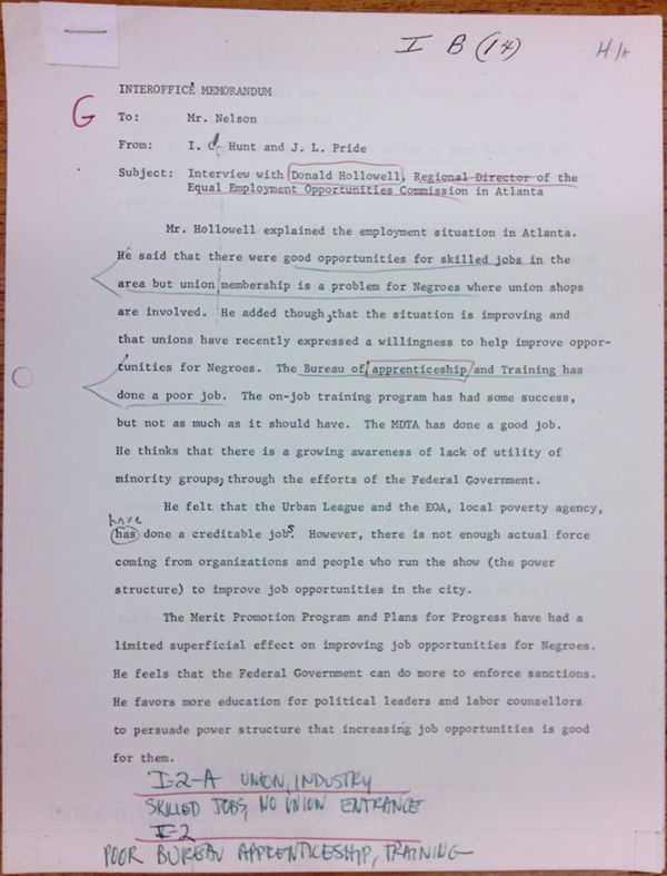 First page of Memo to Mr. Nelson from Isaac Hunt and J.L. Pride regarding an interview with Donald Hollowell - with handwritten notes
