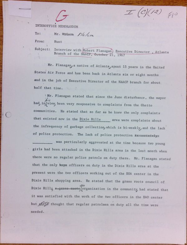 First page of Memo to Mr. Nelson from Isaac Hunt regarding an interview with Robert Flanagan - with handwritten notes