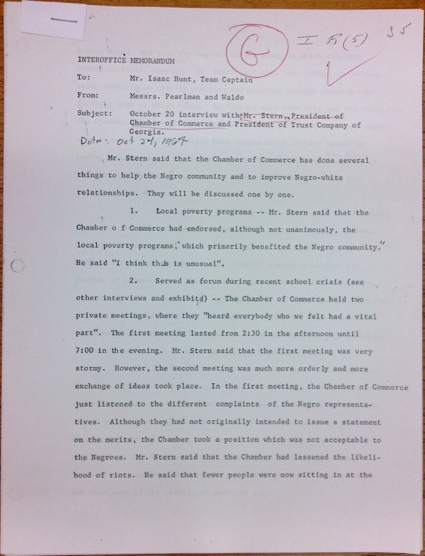 First page of Memo to Isaac Hunt from Daniel Pearlman and Everett Waldo regarding an interview with Mr. Stern - with handwritten notes
