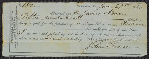 First page of Receipts for sale of enslaved persons