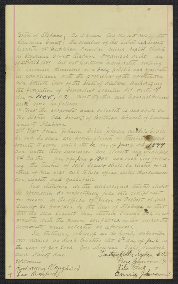 First page of Sisters Aid Society incorporation document