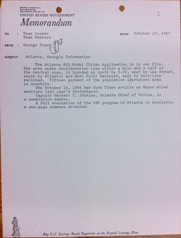 First page of Memo from George Trask to Atlanta team leaders and team members