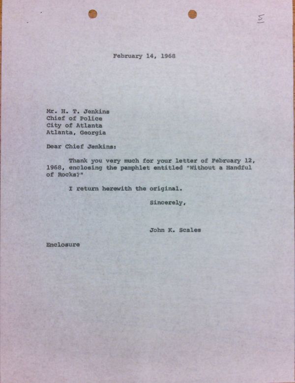 First page of Letter to Chief Jenkins from John K. Scales (February 14)