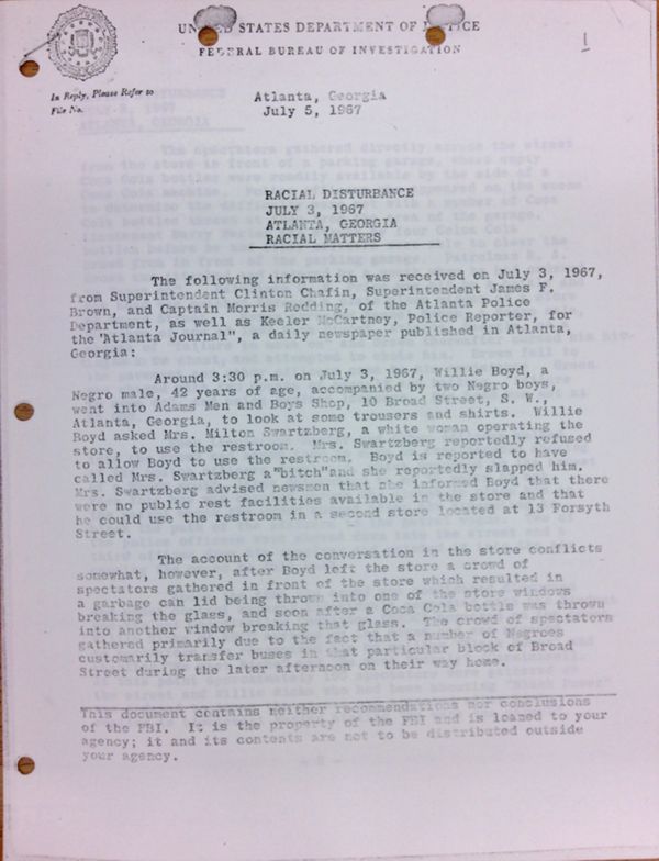 First page of FBI Report: Racial Disturbance July 3, 1967 Atlanta, Georgia Racial Matters (July 5)