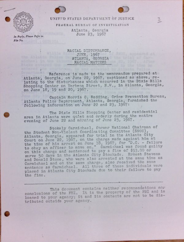 First page of FBI Report: Racial Disturbance, June, 1967 Atlanta, Georgia Racial Matters (June 23)