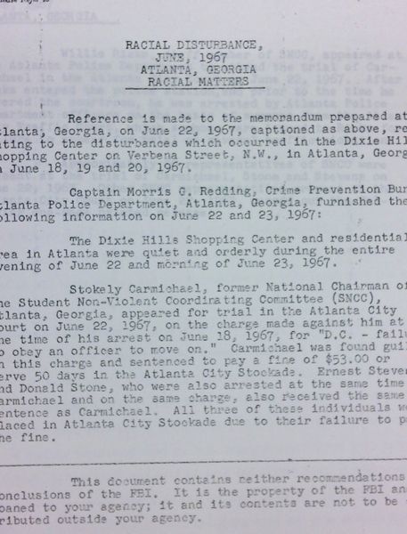 FBI Report: Racial Disturbance, June, 1967 Atlanta, Georgia Racial Matters (June 23)