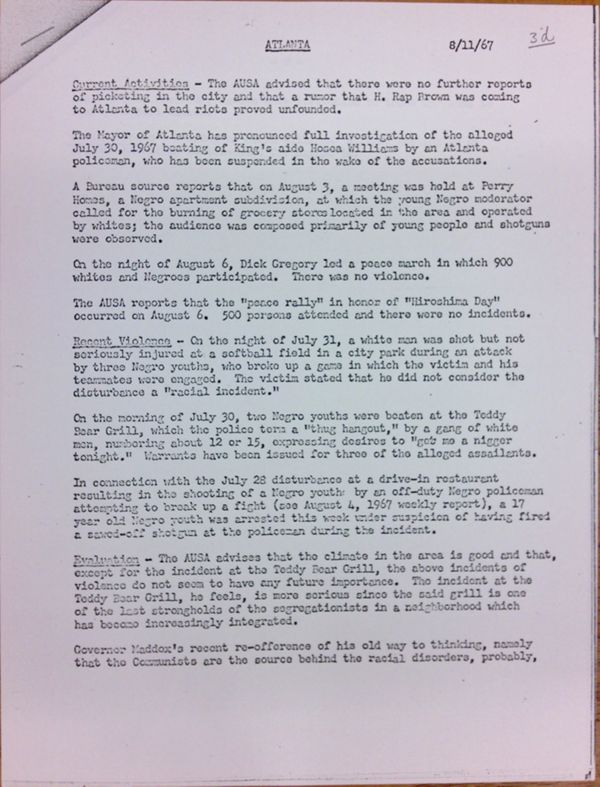 First page of Atlanta report of activities (August 11)