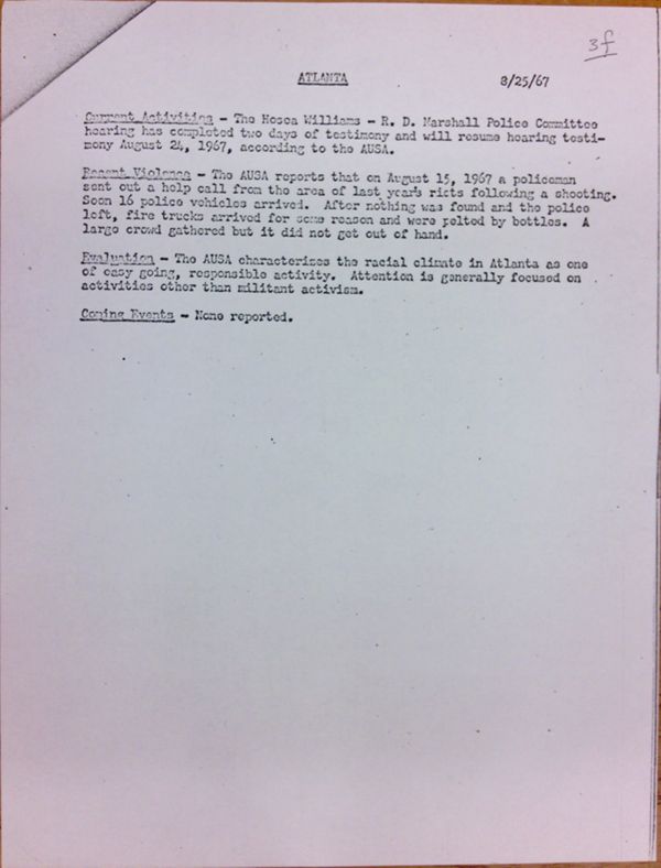 First page of Atlanta report of activities (August 25)