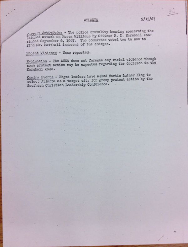 First page of Atlanta report of activities (September 15)