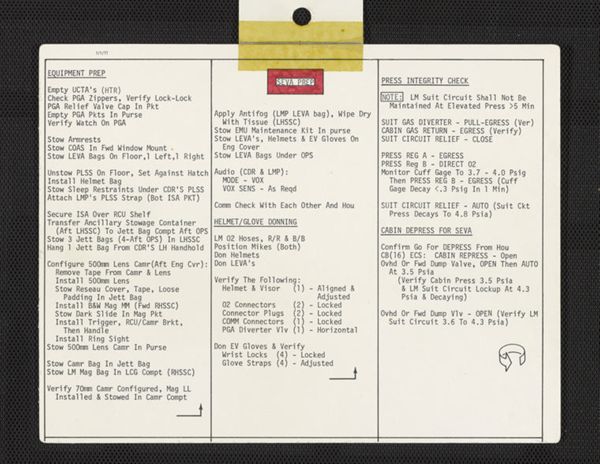 First page of SEVA, ONE MAN EVA, SIM PWR DOWN, and Cue Cards