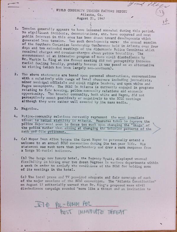 First page of Field Community Tension Factors Report Atlanta, Georgia (August 21) - with handwritten notes