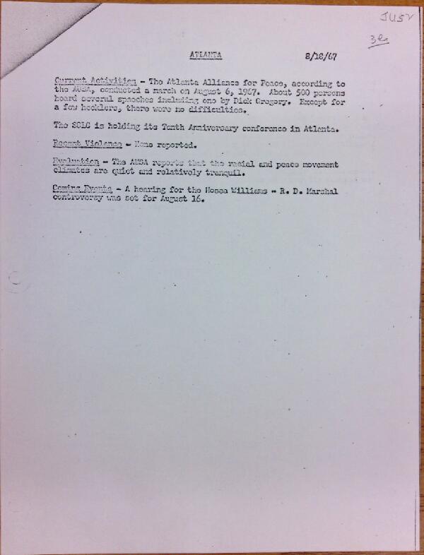 First page of Atlanta report of activities (August 18)