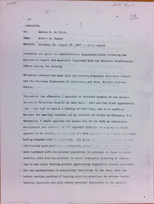 First page of Daily report memo from Robert Hughes to Jerome Heilbron (August 25)