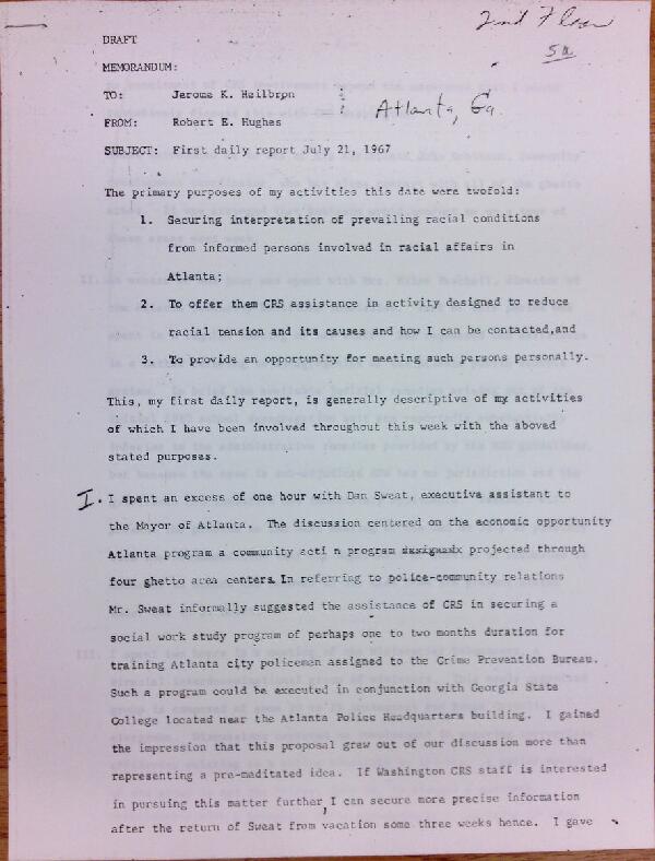 First page of Daily report memo from Robert Hughes to Jerome Heilbron (July 21) – with handwritten edits