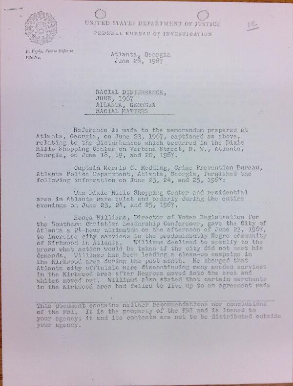 First page of FBI Report: Racial Disturbance June, 1967 Atlanta, Georgia Racial Matters (June 26)