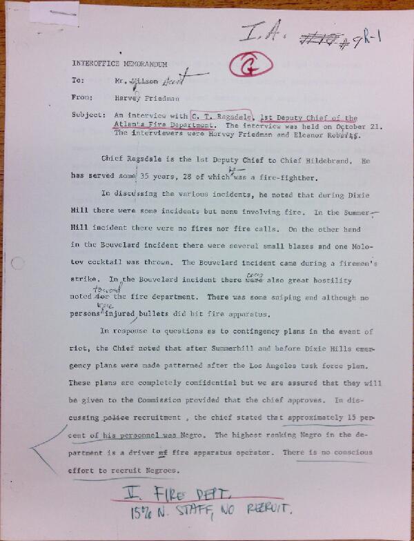 First page of Memo to Isaac Hunt from Harvey Friedman regarding an interview with C.T. Ragsdales - with handwritten notes