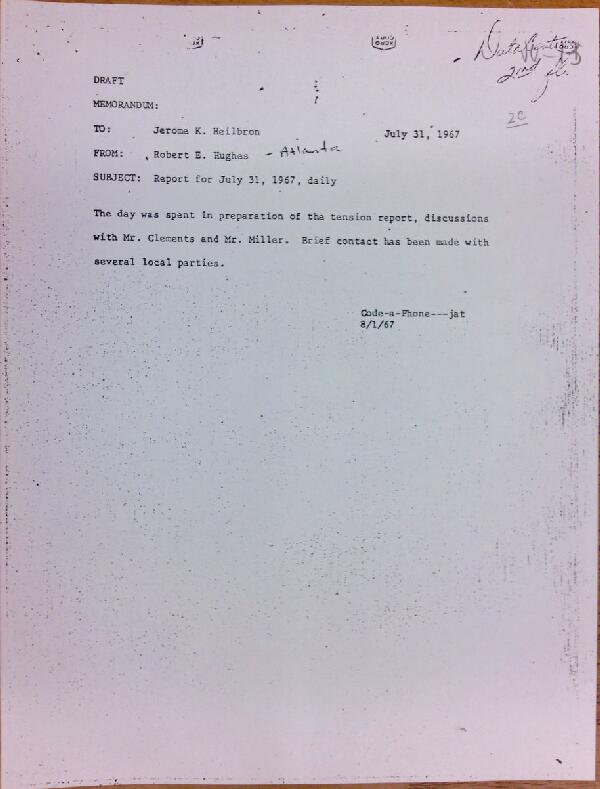 First page of Daily report memo from Robert Hughes to Jerome Heilbron (July 31)