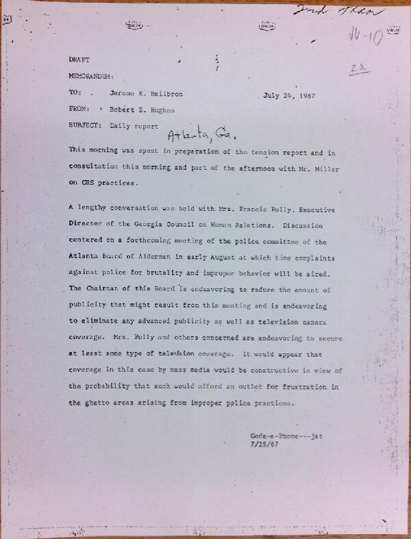 First page of Daily report memo from Robert Hughes to Jerome Heilbron (July 24)