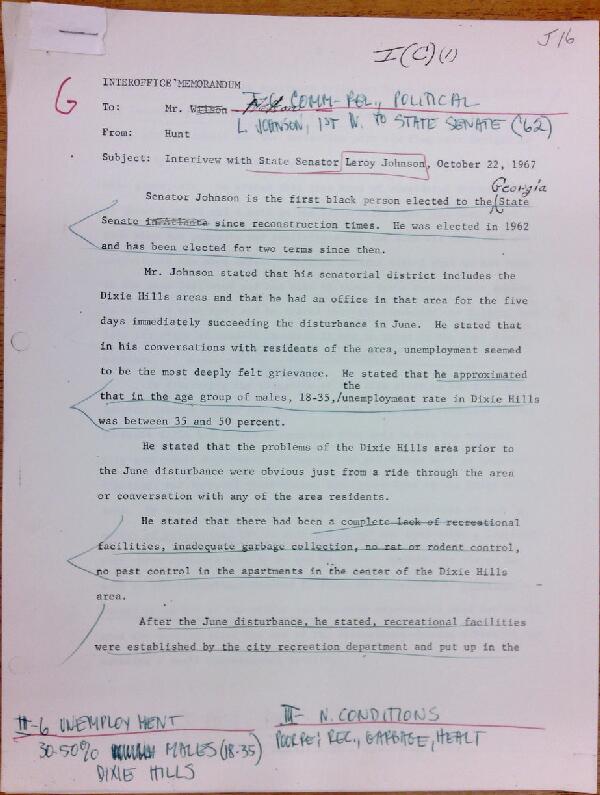 First page of Memo to Mr. Nelson from Isaac Hunt about interview with Leroy Johnson - with handwritten notes