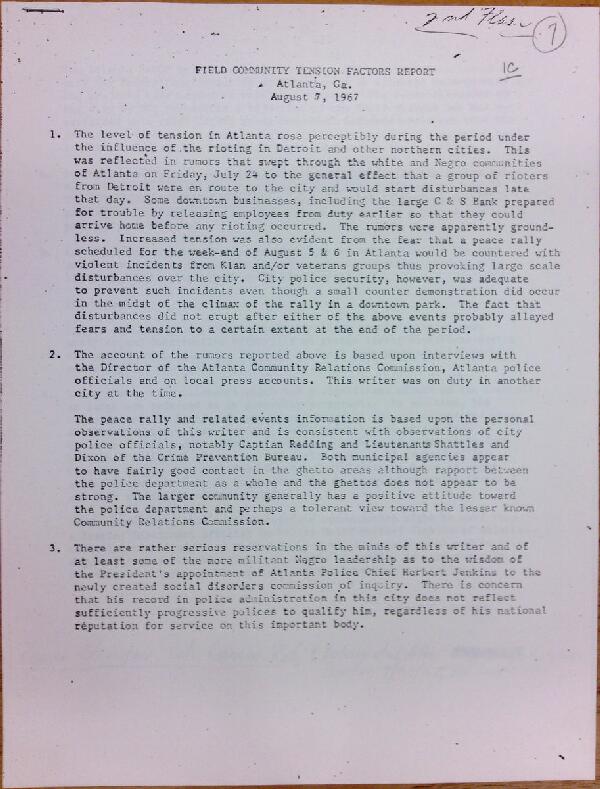 First page of Field Community Tension Factors Report Atlanta, Georgia (August 7) - with handwritten notes