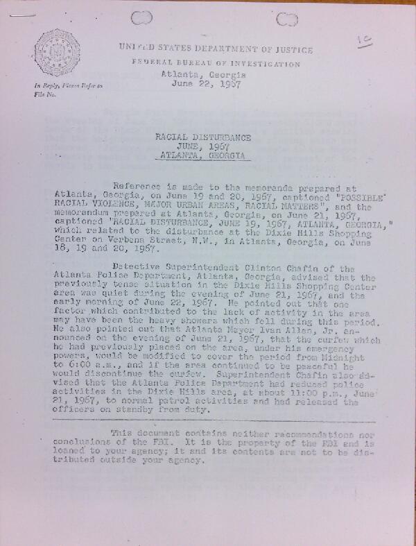First page of FBI Report: Racial Disturbance June, 1967 Atlanta, Georgia (June 22)
