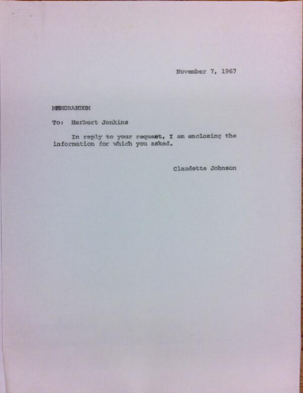 First page of Memo from Claudette Johnson to Herbert Jenkins with attached Department of Justice report