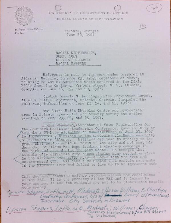 First page of FBI Report: Racial Disturbance, June, 1967 Atlanta, Georgia Racial Matters (June 26) - with handwritten notes