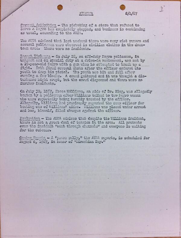 First page of Atlanta report of activities (August 4)