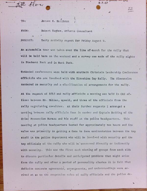 First page of Daily report memo from Robert Hughes to Jerome Heilbron (August 4)