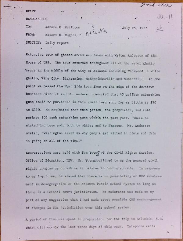 First page of Daily report memo from Robert Hughes to Jerome Heilbron (July 25)