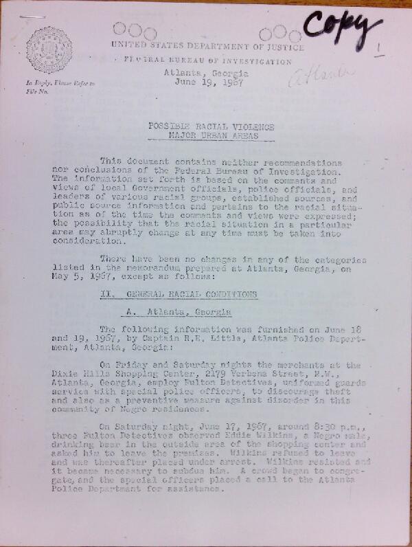 First page of FBI Report: Possible Racial Violence Major Urban Areas (June 19)