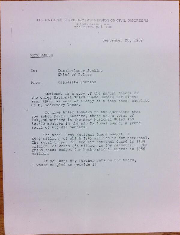 First page of Memo from Claudette Johnson to Herbert Jenkins (September 20)