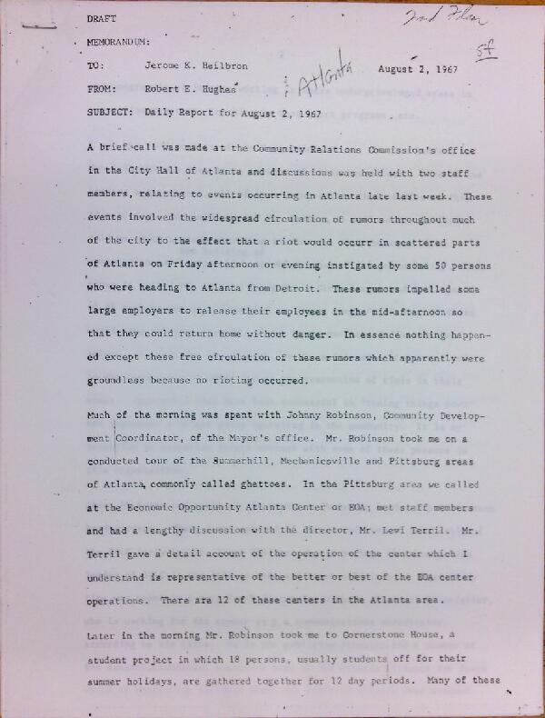 First page of Daily report memo from Robert Hughes to Jerome Heilbron (August 2)