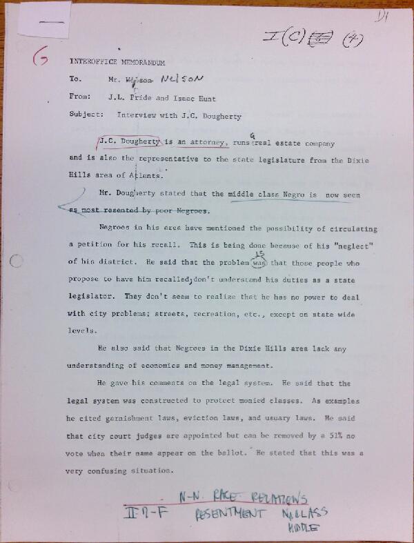 First page of Memo to Mr. Nelson from J.L. Pride and Issac Hunt regarding an interview with J.C. Dougherty