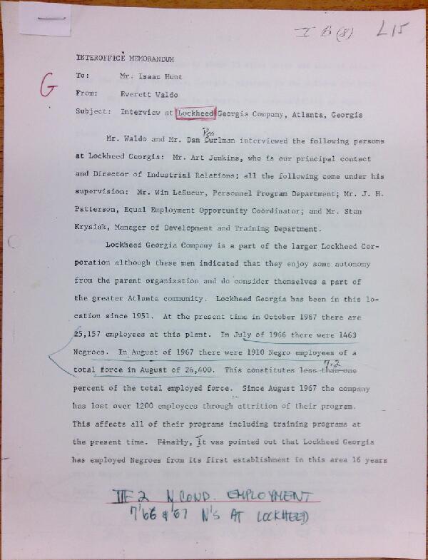 First page of Memo to Isaac Hunt from Everett Waldo regarding an interview at Lockheed Georgia Company - with handwritten notes
